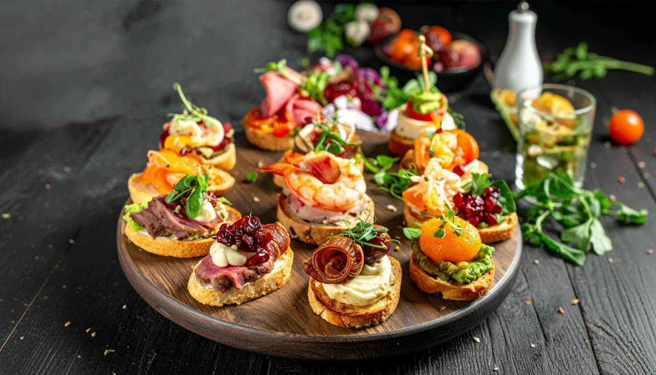Canapés mit Lachs, Roastbeef und Frischkäse